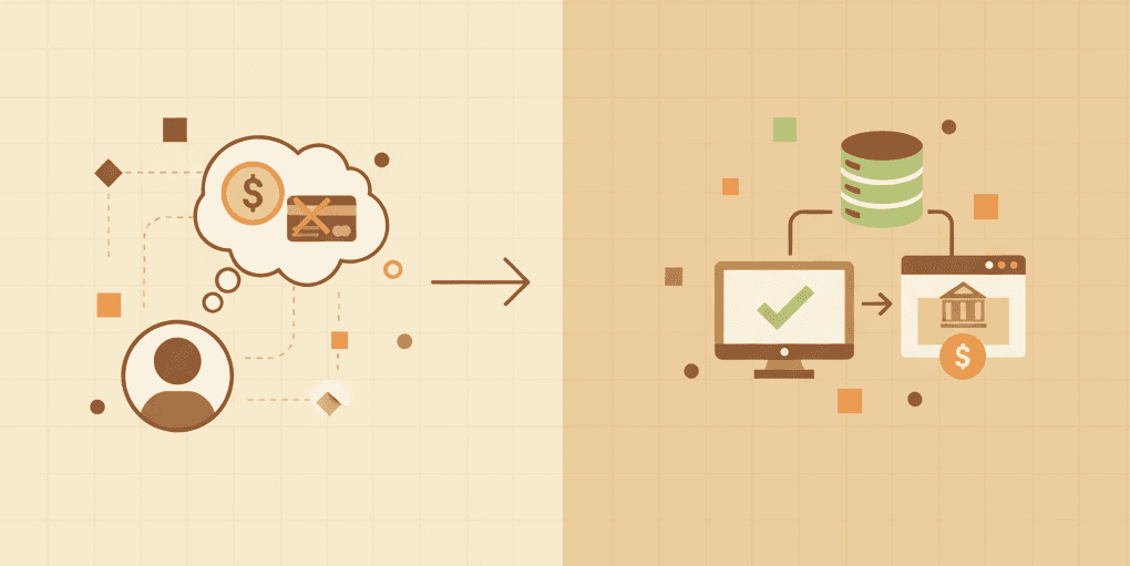 Illustration of a customer service agent reviewing an online refund workflow with connected system icons